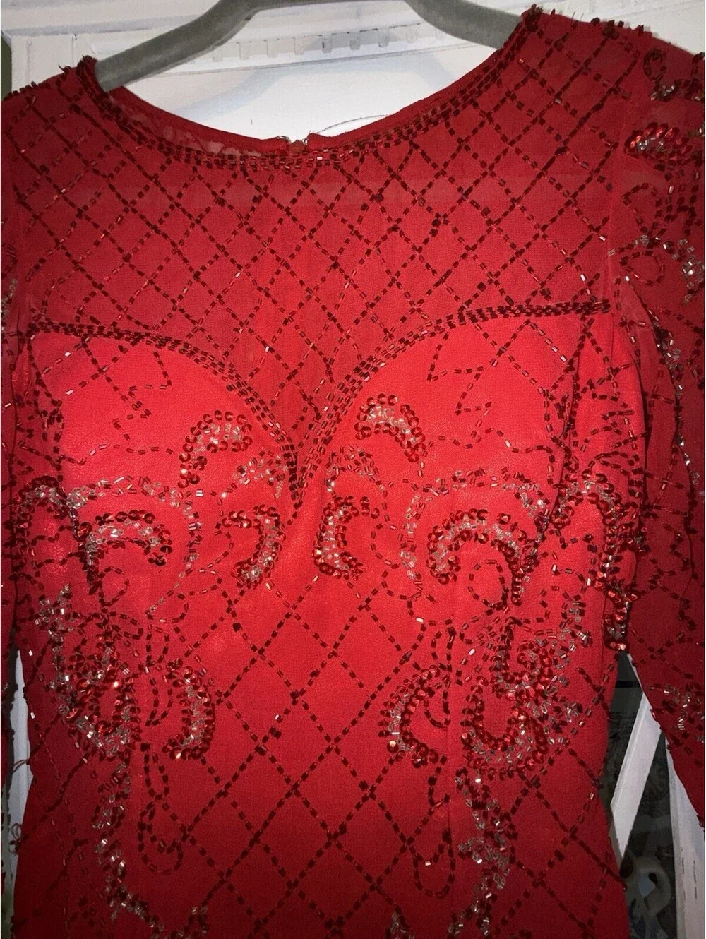 Shail K Formal Party Beaded Red Long sleeved Mini Dress Sz 0